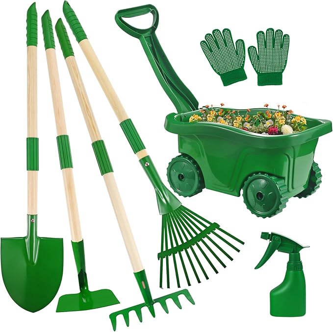 Duckura Kids Gardening Tools Set - 7pcs Wheelbarrow Set for Kids with Shovel Rake Leaf Rake Summer Outdoor Yard Digging Weed Birthday Gifts Toys Easter for Boys Girls Age 2 3+ Years(Green)
