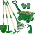 Duckura Kids Gardening Tools Set - 7pcs Wheelbarrow Set for Kids with Shovel Rake Leaf Rake Summer Outdoor Yard Digging Weed Birthday Gifts Toys Easter for Boys Girls Age 2 3+ Years(Green)