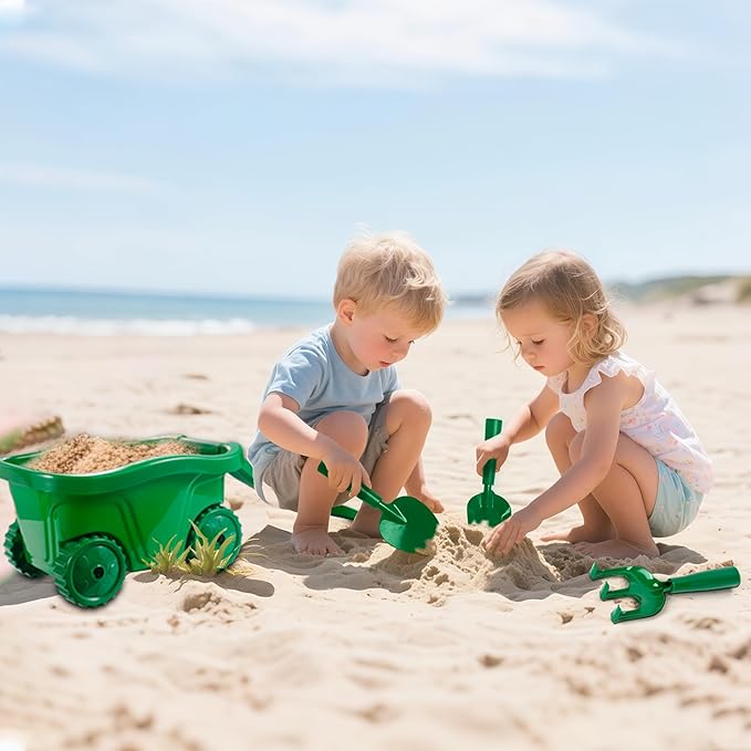 Duckura Kids Wheelbarrow Set - Gardening Tools for Kids with Shovel Rake Trowel Outdoor Yard Lawn Digging Weed Toys Easter Birthday Gifts for Boys Girls Age 2 3+Years Old(Green A)