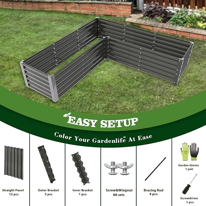 A ANLEOLIFE L-Shaped Galvanized Raised Garden Beds Outdoor74x74x18in Large Metal Planter Box for Planting Vegetables Flowers Herb Anti-Rust &amp Easy-Setup Quartz Grey