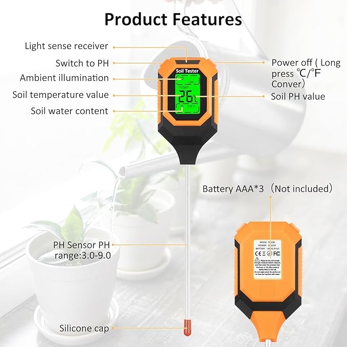 4-in-1 Soil Moisture Meter Digital PH Meter/Soil Moisture/Plant Temperature/Sunlight Intensity Backlight LCD Display Soil Test Meter for Garden Lawn Plant Care Farm and Indoor Outdoor Plants