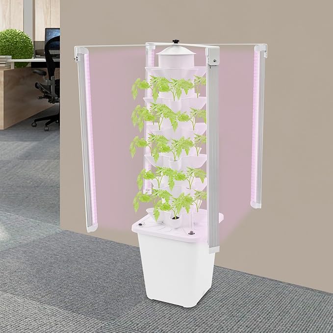 Hydroponic Tower Garden 30-Pod Indoor Gardening System w/ 4 Full-Spectrum LED Grow Lights 10L Auto Irrigation Water Tank Vertical Planter for Herbs Lettuce &amp Strawberries (White)