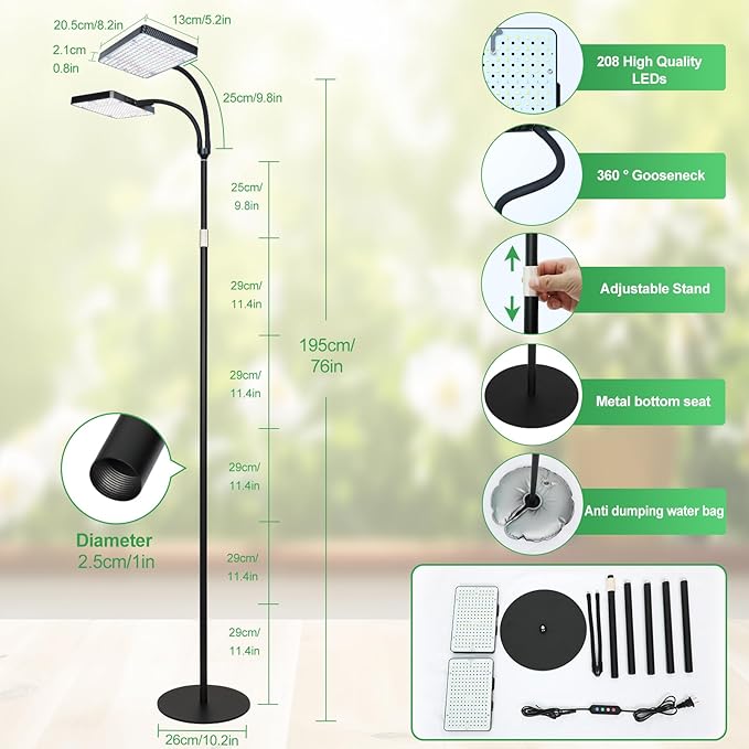 2026 2Head Full Spectrum Floor Lamp Grow Light 50 Watt Bright Grow Lights for Indoor Tall Plants Bonsai Tree Auto On/Off Daily Timer(4/8/12/16/20H) Adjustable Stand 24-78