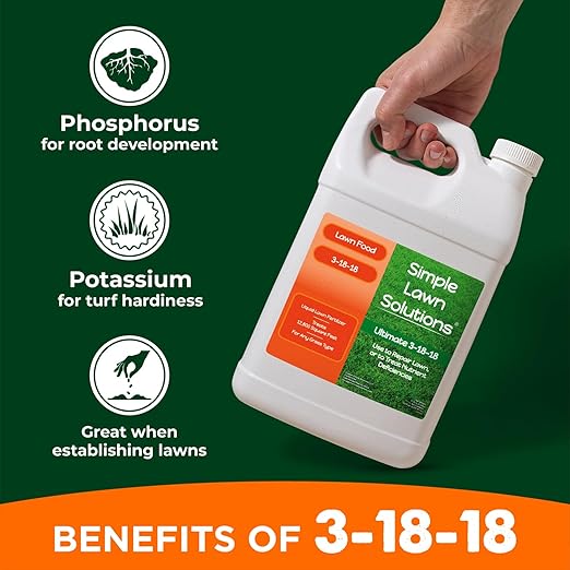 Ultimate 3-18-18 Lawn Food Liquid Fertilizer- Easy to Use Concentrated Spray- Any Grass Type- Summer &amp Fall - Simple Lawn Solutions- Turf Hardiness &amp Root Vigor- Phosphorus and Potassium (1 Ga