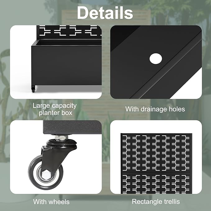 Planter Box with Trellis and Wheels Metal Privacy Screen with Garden Beds Outdoor for Climbing Plants Standing Planter Boxes with Drainage Holes (35 L×16 W×71 H Black Rectangle)
