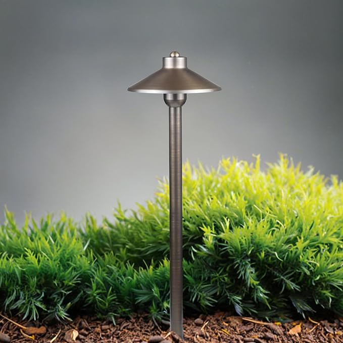 DOSHINE® Solid Brass Low Voltage Landscape Lighting Pathway Lights (7 Shade 22 Tall) with Replaceable 3W G4 LED Bulb 3000K AC/DC 12V and Ground Stake for Outdoor Walkway Driveway (HAT 6-Pack)