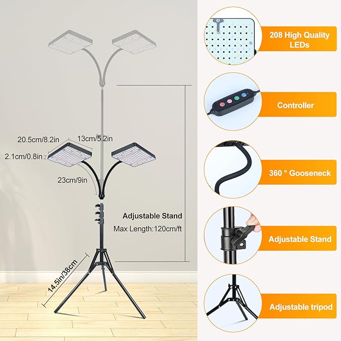 FECiDA 2026 2Head Grow Light with Stand 50 Watt Power Draw Bright and Big Coverage Grow Lights for Large Houseplants Bonsai Tree 4/8/12/16/20 Hr Timer 24-64 Height Adjustable 360° Gooseneck