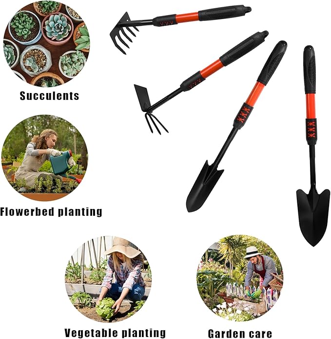 Luwint Gardening Tools Kit Pack of 4 Garden Tool Set with Non-Slip Handle Sturdy Classic Utility Tool Heavy Duty Steel Garden Tools with Long Ergonomic Handle for Maintaining Lawn Garden Vege