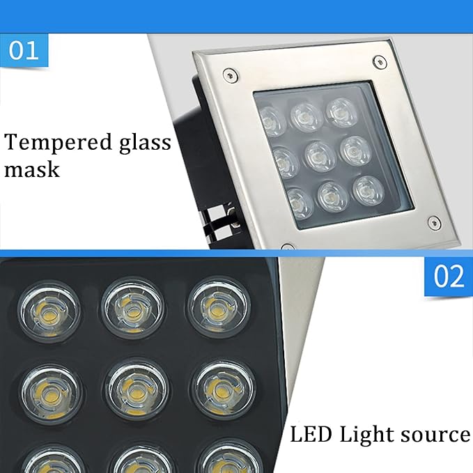 Square Recessed LED Underground Light Spotlight Stainless Steel Outdoor IP65 Waterproof Landscape Lights for Garden Bridge Pathway Lighting