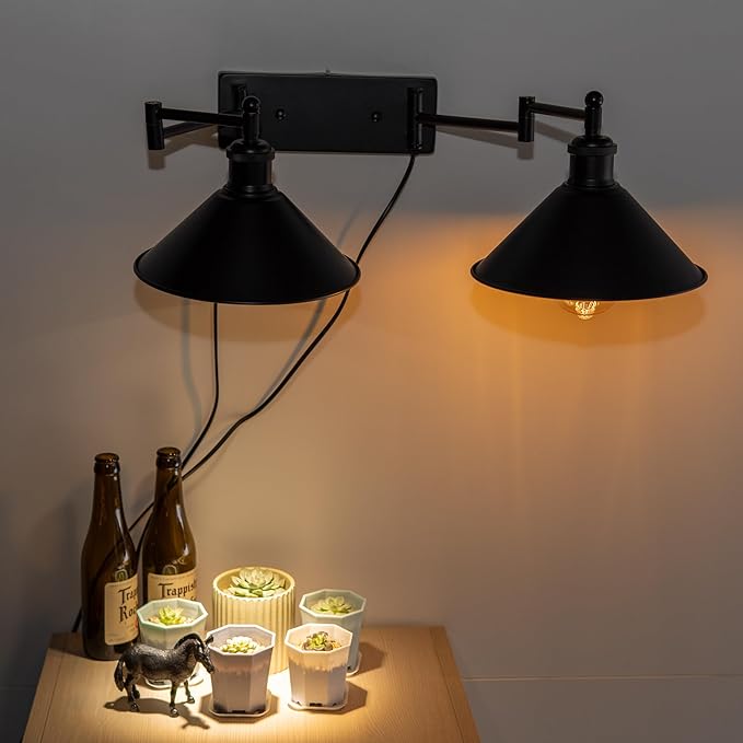 Adjustable Left/Right Extension Wall Sconce 10W 4500K Full Spectrum15-60° Beam 15Ft Timer Cord Industrial Style Black Metal Cone Shade for Indoor Plants