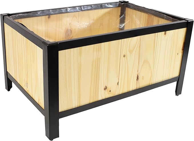 Sunnydaze Steel-Framed Acacia Wood Rectangular Planter Box - 15.5 H Wooden Raised Garden Bed with Removable Planter Bag - Natural