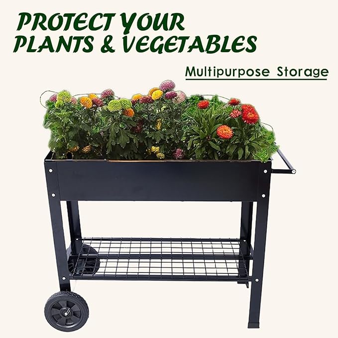 Products Elevated Mobile Raised Ergonomic Metal Planter Garden Bed for Backyard Patio w/Wheels Lower Shelf Black