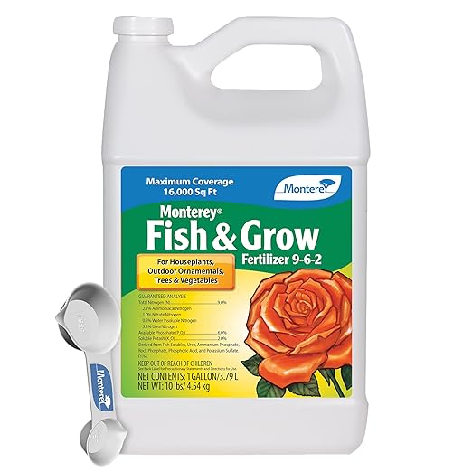 Monterey Fish &amp Grow 9-6-2 Fertilizer Liquid Plant Food for Houseplants Trees Vegetables &amp Ornamentals – Foliar Spray or Soil Drench – with Measure Spoon - 1 Gallon