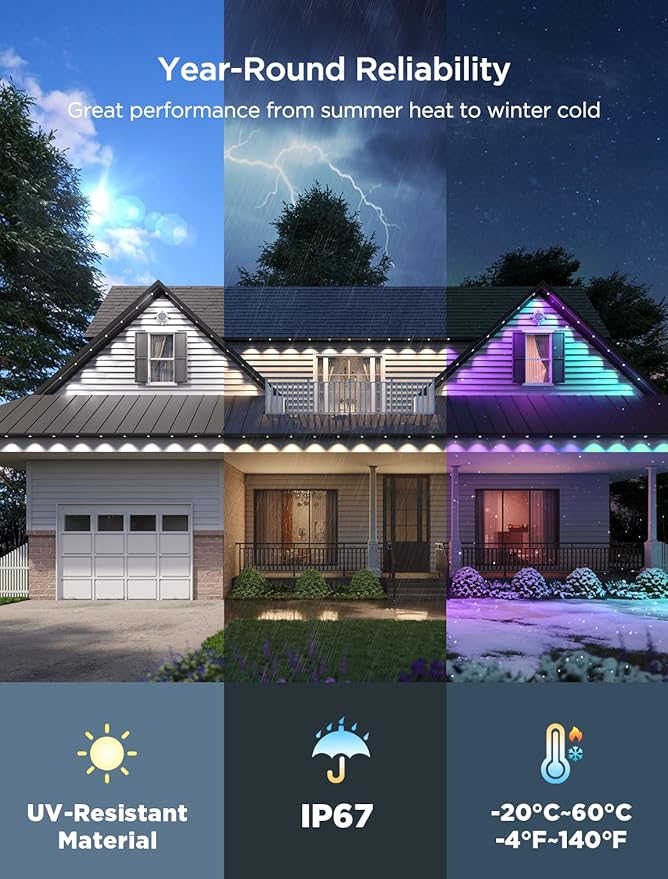Govee Permanent Outdoor Lights 2 100ft RGBIC Outdoor Lights with 72 LED Lights IP67 Waterproof 100 Scene Modes with 40lm White for Outdoor Decorations Works with Alexa Google Assistant Black
