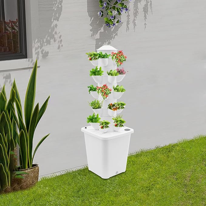 25-Plants Vertical Hydroponics Tower System Growing System Vertical Garden Planter with Pump &amp Water Tank Hydroponic Mechanism for Home Kitchen Balcony - White