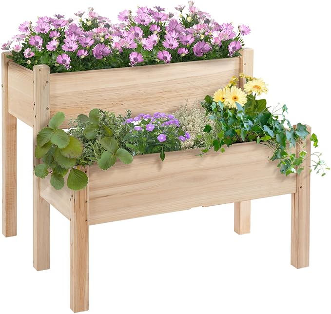 34X34X28 Raised Garden Bed 2-Tier Elevated Wood Planter Box for Backyard Patio Outdoor Ready