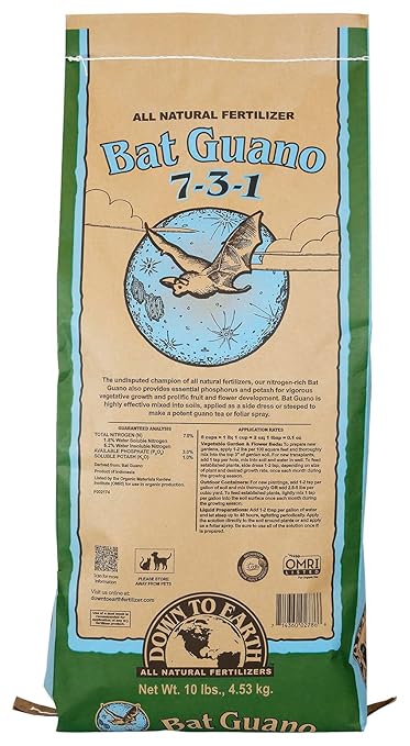 Down To Earth All Natural Fertilizers Organic Bat Guano - High Nitrogen Plant Food for Vegetative Growth 7-3-1 10 lb