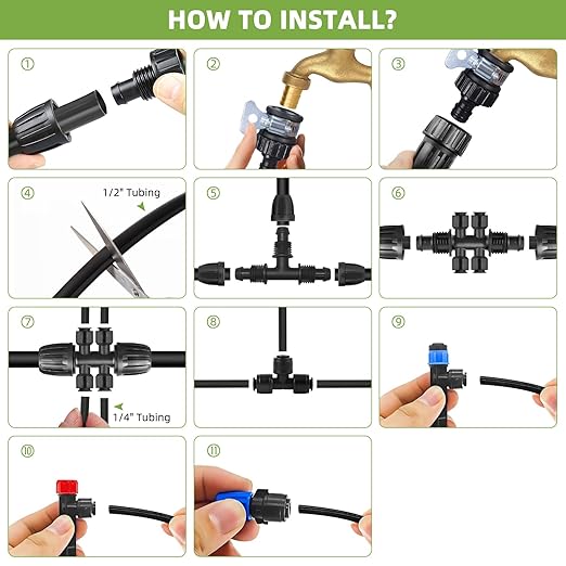 250FT Drip Irrigation System Kit Automatic Garden Watering System with 1/2 Hose and 1/4 Distribution Tubing-Adjustable Nozzles &amp Sprinklers for Garden Irrigation Yard Lawn Potted Plants。