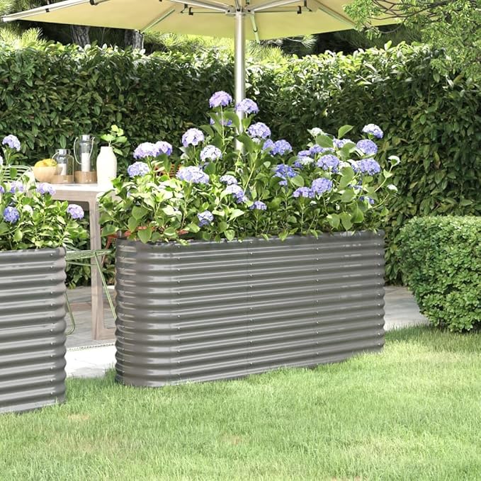 Oval Garden Raised Bed Large Grey Powder-Coated Steel Planter for Outdoor Plants Durable Metal Elevated Garden Bed for Vegetables Herbs Flowers