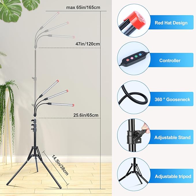 3-Head Grow Light with Stand and Timer 27 Watt Power Home Plug LED Grow Lights for Indoor Plants for Tall Houseplants Bonsai Tree Seed Starting 24-64 Adjustable Height