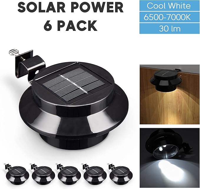 Yescom Solar Gutter Light Outdoor Waterproof 3 LED Deck Fence Lights with Bracket Wall Garden Stair Yard Black 6Pcs