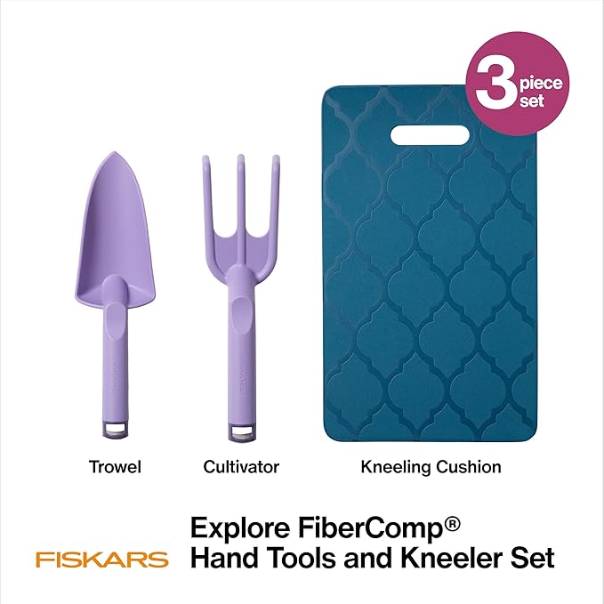 Fiskars 3-Piece Gardening Set FiberComp Trowel &amp Cultivator Dual-Layer Knee Pad Rustproof Lightweight Design Explore Collection