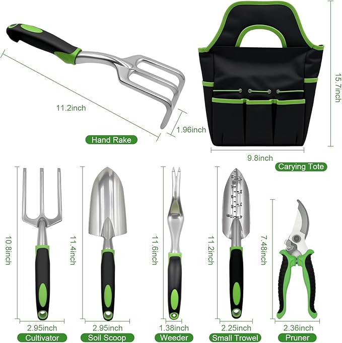 11-Piece Outdoor Gardening Tool Set Suitable for Women Seniors and Left-Handed Users Includes Tree pruners Hand rakes and a Watering can with Green Non-Slip Handles. (Gray)