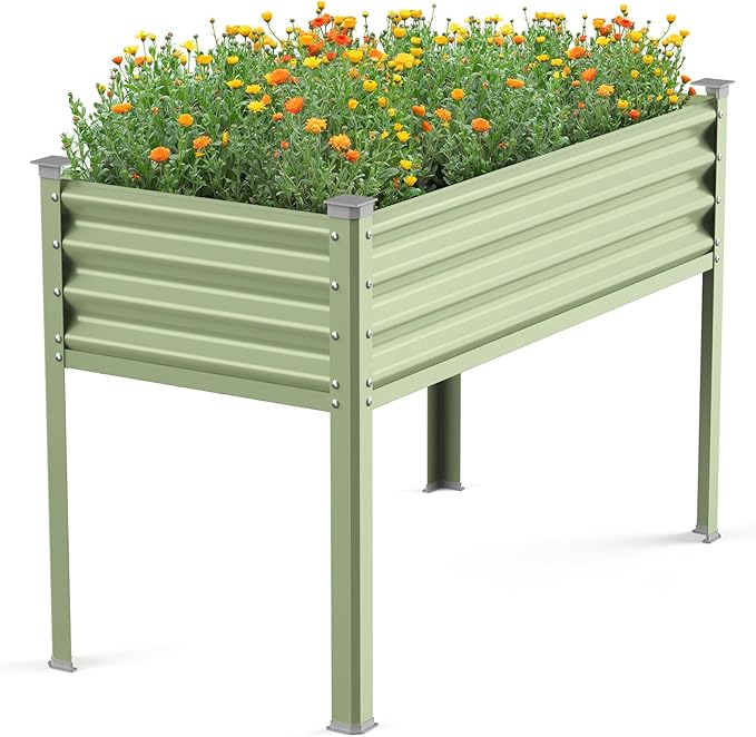 Raised Garden Bed with Legs 48×24×32in Large Galvanized Elevated Planter Box Metal Raised Beds for Gardening Backyard Patio Balcony 400lb Capacity (Olive Green)