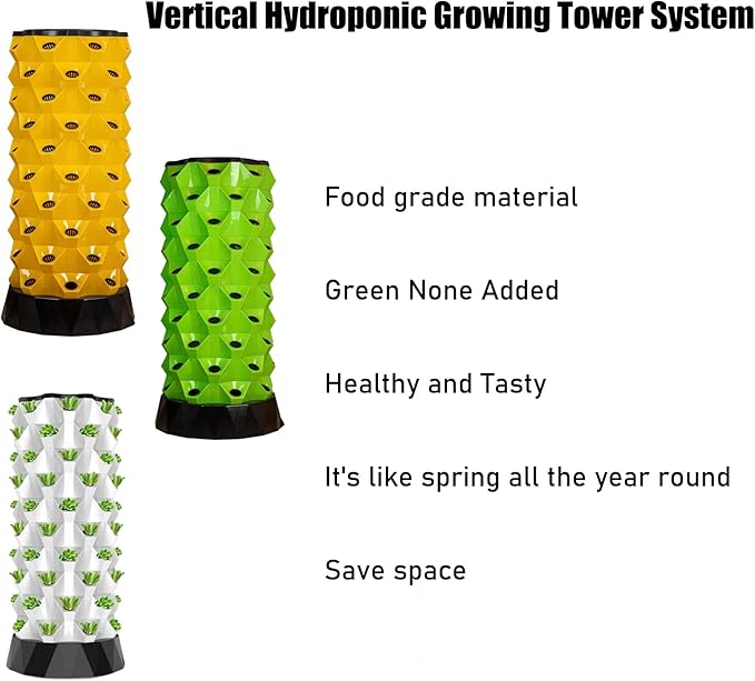 Hydroponics Indoor Garden Growing Sys-tem Hydroponics Tower Aeroponic Garden Tower with Hydrating Pump Adapter Seeding Bed &amp Net PotsYellow-80holes