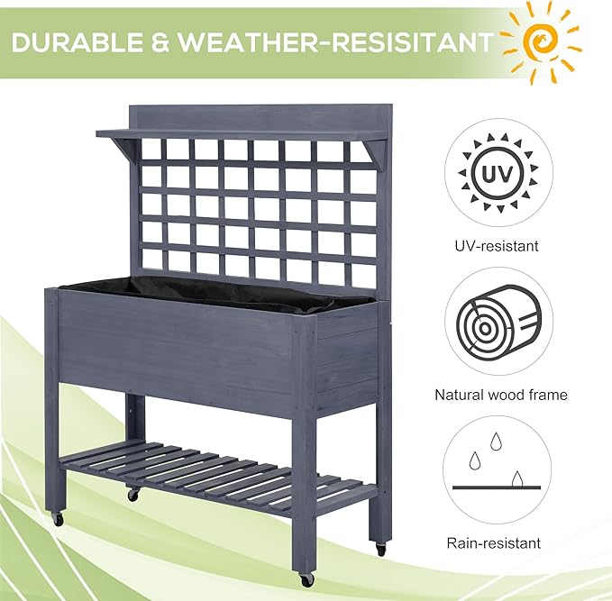 41 Raised Garden Bed with Trellis on Wheels Wooden Elevated Planter Box with Legs and Bed Liner for Flowers Herbs Vegetables Gray