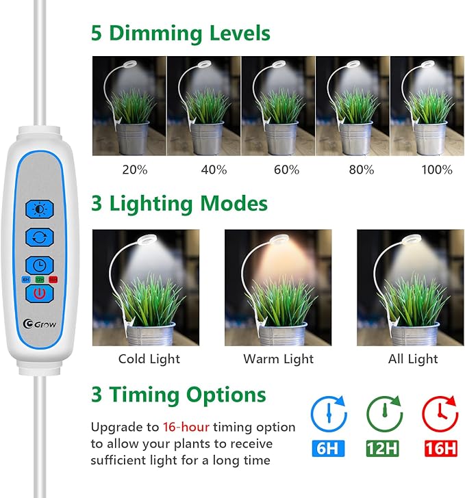 Grow Lights for Indoor Plants Full Spectrum Clip on Plant Lights for Indoor Growing White Halo Grow Lamp 3 Pack with 360° Gooseneck 6/12/16H Timer 3 Light Modes 5 Dimmable