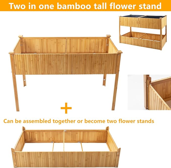 Raised Garden Bed - 2-Tier Elevated Planter Box for Herbs Vegetables Succulents &amp Flowers | 48x25x30 Inch Standing Growing Bed | Outdoor/Indoor Bamboo Planter