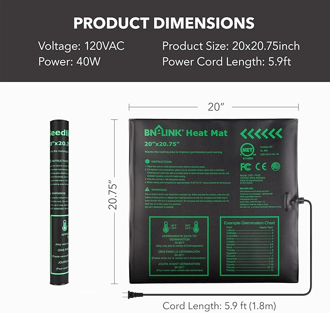 BN-LINK Seedling Heat Mat Warm Hydroponic Heating Pad Waterproof 20 x 20.75 for Seed Starting Greenhouse and Germination