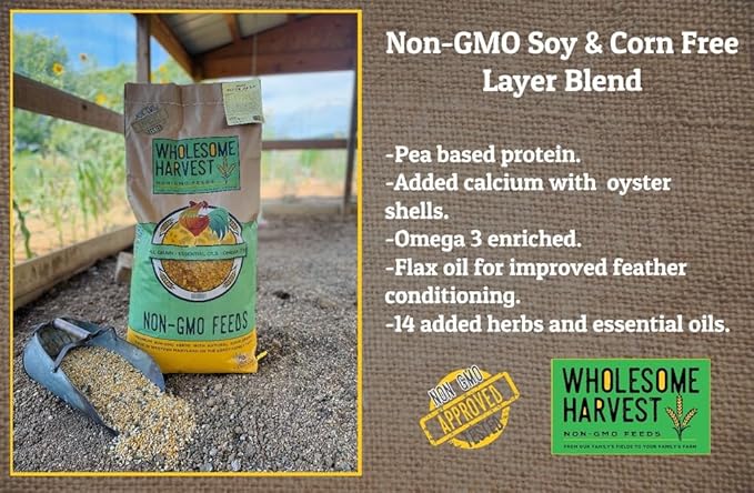 Non-GMO Soy and Corn Free Whole Grain Layer Blend 16% - Chicken Feed for Laying Hens and Ducks - Includes Essential Oils Herbs Oyster Shells Vital Minerals and Omega 3 40lb