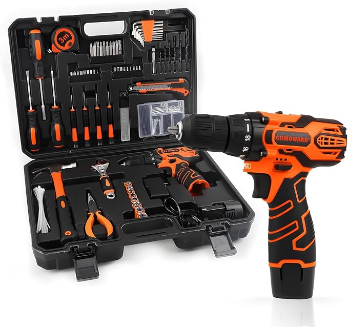 COMOWARE Household Tool Set with 12V Cordless Drill Driver Hand Tool Kit for Men Power Drill Set with Plastic Toolbox Ideal for Office Garden DIY Project Orange