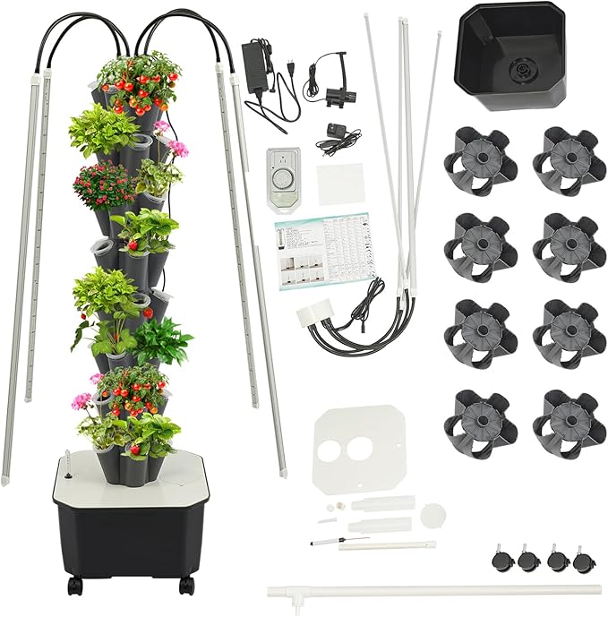 Hydroponics Growing System Kit 40 Pods 8 Tiers Vertical Gardening System with Wheels Outdoor Indoor Herb &amp Fruits Growing Tower with LED Grow Lights and Auto Water Pump System Gray