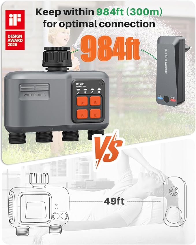 WiFi Sprinkler Timer 4 Zone with 984 Feet RF Gateway 4 Outlet Smart Water Timer for Garden Hose with Rain Delay/Manual/AutomaticWiFi Water Hose Timers for Garden &amp Lawns