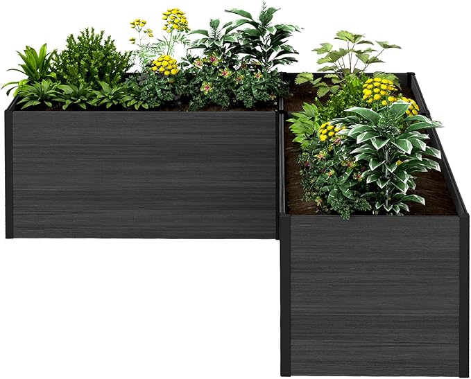 Modular Raised Garden Bed - Expandable Design with Composite Panels &amp Aluminum Frame - Perfect for Flowers Vegetables Herbs - Outdoor Planter Cuboid Box for Patio Balcony Backyard (Black)