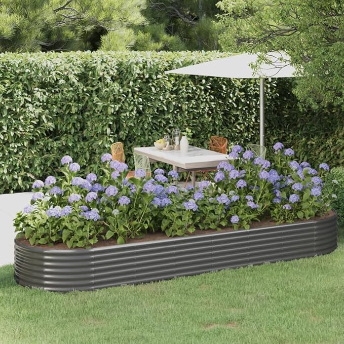 vidaXL Large Garden Raised Bed in Sleek Gray Powder-Coated Steel &amp Ideal for Planting Vegetables Herbs &amp Flowers Oval Shape Durable &amp Sturdy for Outdoor Use