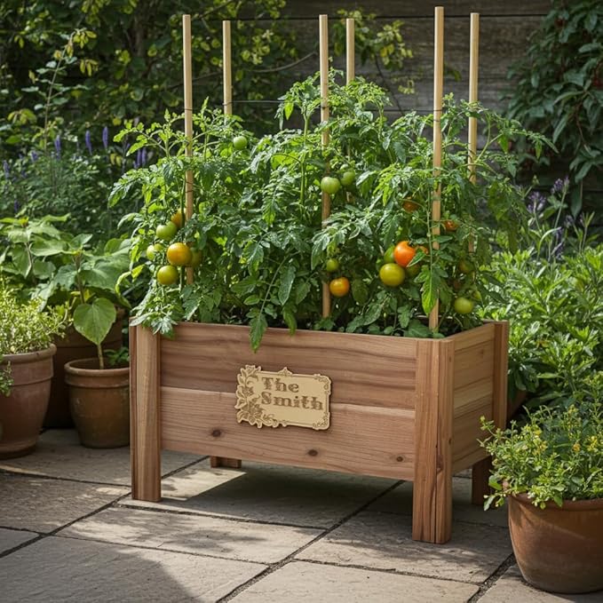 Personalized Cedar Raised Planter Box – Custom Plaque Plate Engraved Garden Bed for Vegetables &amp Flowers Handmade in USA