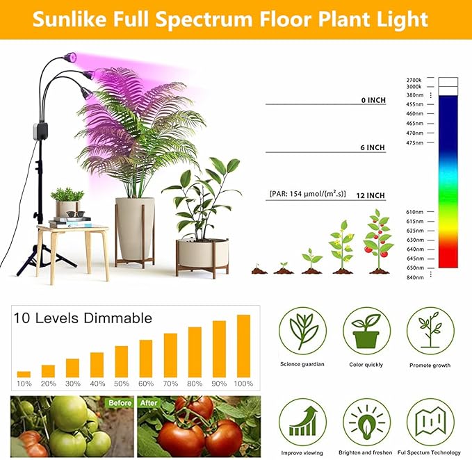 Plant Grow Light with Stand Full Spectrum 60W LED Floor Plant Lamp for Indoor Plants GrowingHeight Adjustable Plant Lamp Timer 3/9/12H