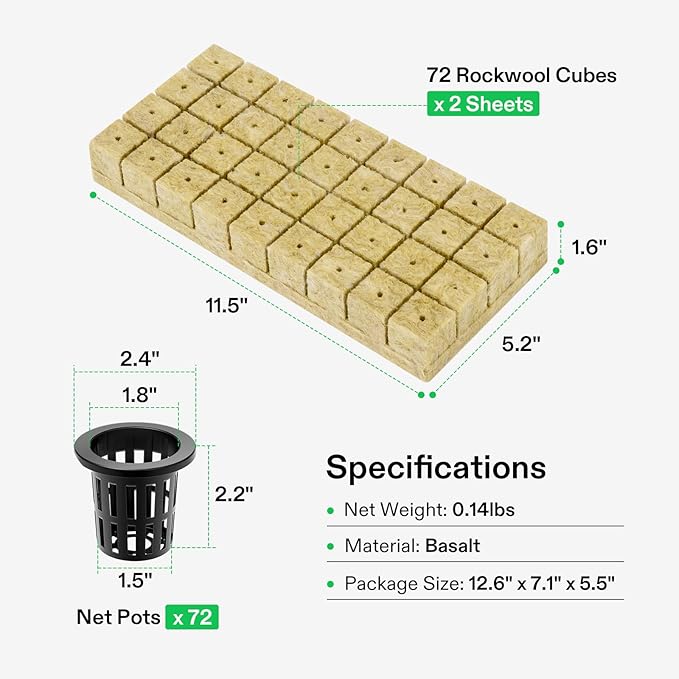 VIVOSUN 72 Rockwool Cubes &amp Net Pots Set for Hydroponics 1.2” x 1.2” x 1.6” Cubes 72 Plugs &amp 72 2” Net Cups for Hydroponic Growing Seed-Starting Cloning Tower Gardens