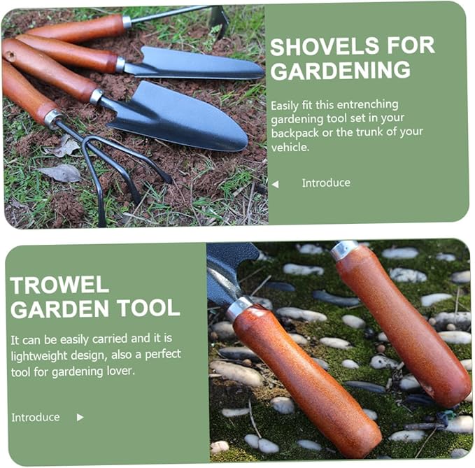 VICASKY 4pcs Gardening Tool Set with Mini Garden Spade Narrow Extended Shovel 3-prong Rake and Dual-use Pointed Hoe for Planting and Soil Scooping in Home Garden