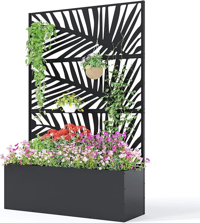 Metal Planter Box with Trellis 71X47X16 Privacy Planter for Patio Large Raised Garden Bed with Privacy Screen for Climbing Plants with Drainage Holes 15.7 Deep Planting Bed