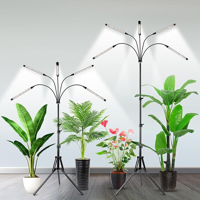 Garpsen Grow Lights for Indoor Plants [2Pack] 100 LEDs Full Spectrum Plant Light with Timer 6/12/16H 6000K Grow Lamp with 15~63''Adjustable Stand &amp Gooseneck 3 Light Modes 5 Levels Dimmable