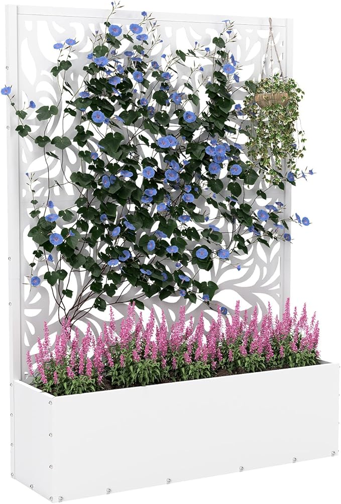 Metal Planter Box with Trellis70.9x47.2x15.7 Raised Garden Bed with Drainage Holes Privacy Planters for Outdoor Garden Bed for Climbing PlantsVegetablesand Vines White-Flower