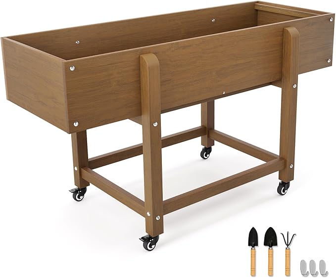 LUE BONA Raised Garden Bed with Wheels 39.4 * 16.7 * 28 in HDPS Elevated Planter Box with Tools Weather Resistant Standing Growing Bed Herb Planter for Vegetable Outdoor