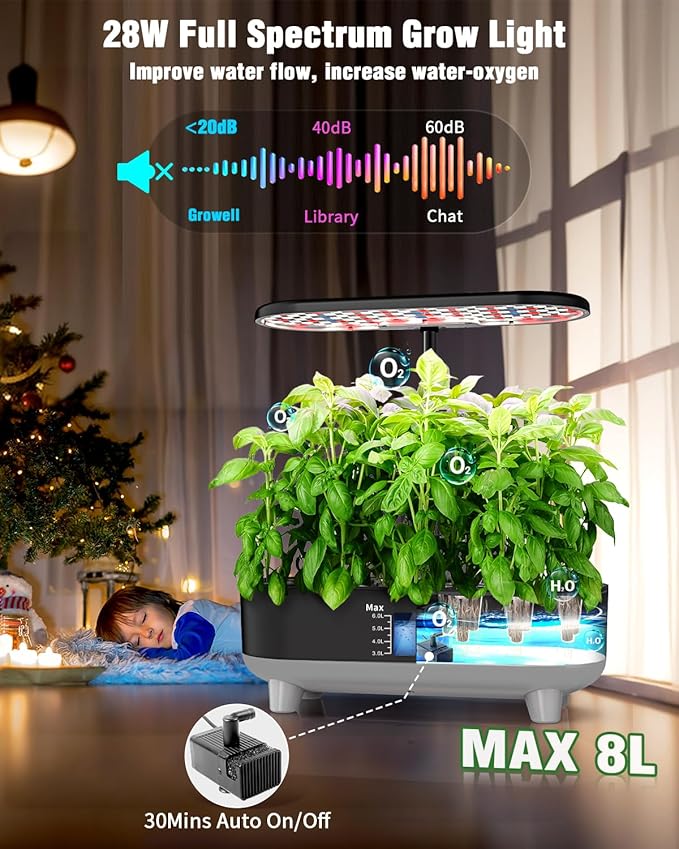 Hydroponics Growing System Kit 16 Pods Indoor Garden with 28W Full Spectrum LED Grow Light Auto Timer 3 Smart Light Modes 8L Large Herb Garden Ideal Gardening Gift for Women Men (Black)