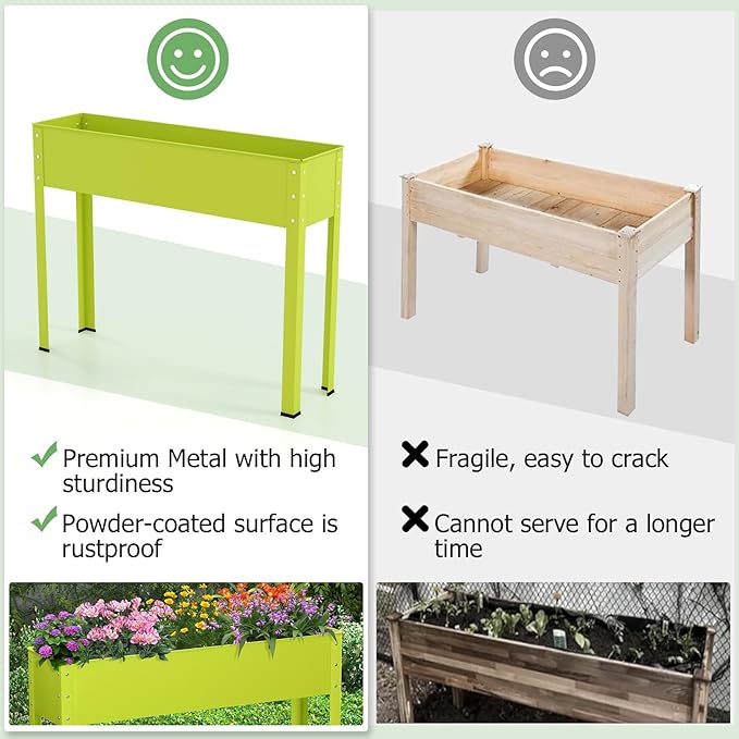 HAPPYGRILL Raised Garden Bed 31.5” Elevated Planter Box w/Legs Drainage Hole Hemming Design Metal Garden Box for Vegetable Herb Outdoor Raised Beds for Gardening Backyard Porch Balcony Green
