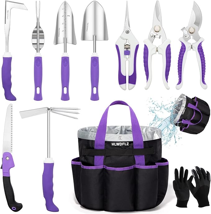 Purple Garden Tool Set Gardening Items for Women - 11PCS Heavy Duty Garden Tools with Detachable Storage Bag Weeder Dual-Purpose Hoe